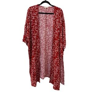Sandy & Sid Red Floral Kimono Cardigan Open Front Size S Boho Hippie Festival